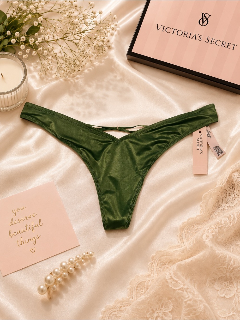 Victoria’s Secret Very Sexy High Leg Thong Panty Green Satin Strappy S/P NWT